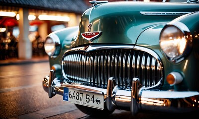 The distinctive front of a green classic car shines during twilight, its chrome grille and headlights mirroring the city's vibrant life. The car's design epitomizes the craftsmanship of its time. AI