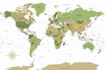 World Map - Highly Detailed Vector Map of the World. Ideally for the Print Posters. Green Yellow Golden Colors - obrazy, fototapety, plakaty