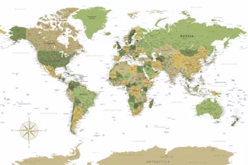 Tapeten World Map - Highly Detailed Vector Map of the World. Ideally for the Print Posters. Green Yellow Golden Colors © Porcupen