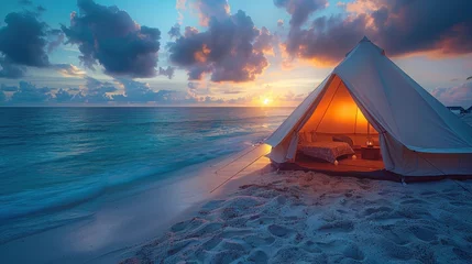Foto op Plexiglas Exotic Tropical Paradise tent over the beach at sunset with worm summer sky. Landscape Seascape, Amazing beach scene vacation and summer holiday concept. © dheograft