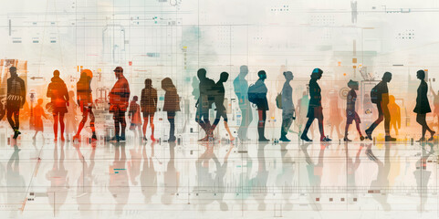 Silhouettes of groups of people in a line, overlayed with a digital technology communication diagram, representing working in a global network partnership, banner style image. - obrazy, fototapety, plakaty