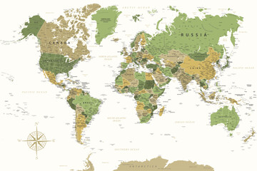 World Map - Highly Detailed Vector Map of the World. Ideally for the Print Posters. Green Yellow Golden Colors - obrazy, fototapety, plakaty
