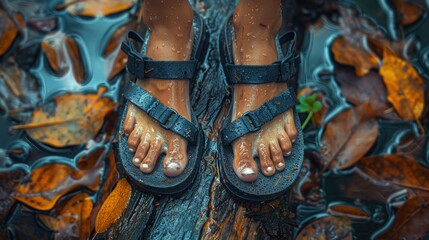 legs in tourist sandals and snail without shells are moving in one direction. - obrazy, fototapety, plakaty