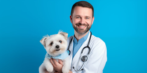 Cheerful Portrait: Veterinarian in White Coat and Stethoscope Holds Attentive Dog Against Vibrant Blue Backdrop - Professional Care and Warmth Captured in Heartwarming Moment