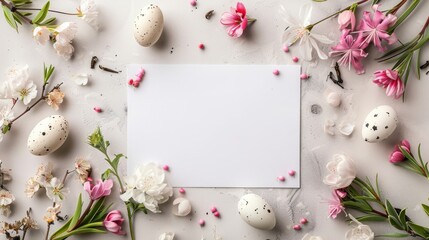 Beautiful spring flowers, Easter eggs and blank white paper sheet for greeting text,
