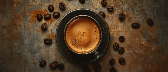 A cup of espresso with crema on top, surrounded by coffee beans on a textured background