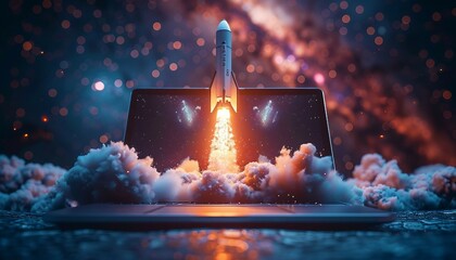 Digital Exploration: Rocket Blasts Off from Laptop, the spirit of exploration in the digital realm with an image of a rocket blasting off from the screen of a laptop, AI - obrazy, fototapety, plakaty