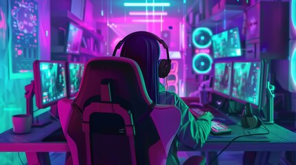 A cheerful young gamer girl with headphones enjoys playing on her computer in a vibrant neon-lit room with multiple gaming monitors