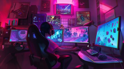 A cheerful young gamer girl with headphones enjoys playing on her computer in a vibrant neon-lit room with multiple gaming monitors