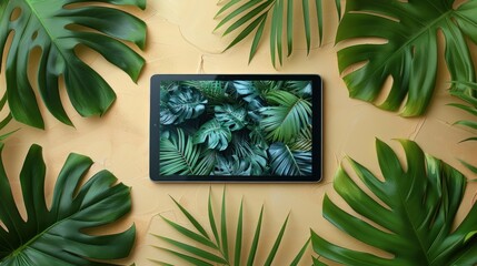 Fototapeta na wymiar Tablet mockup on beige work desk surrounded with green leaf of fern. Free space beside for text.