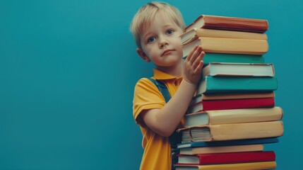 boy 4 years old holds a stack of heavy books in his hands on a blue background, space for text,