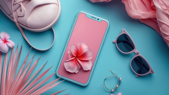 Mockup, smartphone, flip flops, swimsuit, sunglasses and straw hat on a blue background.