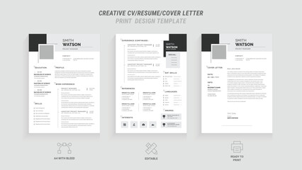 Present yourself professionally with our Minimal Resume, Cover Letter Page Set. Featuring a clean, modern design with a dark sidebar. Ideal for business job applications and multipurpose - obrazy, fototapety, plakaty