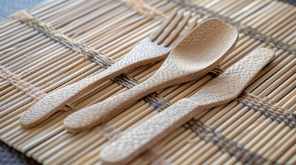Eco-Friendly Rice Husk Cutlery Set on Bamboo Mat
