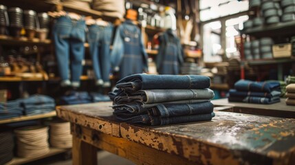 Fototapeta na wymiar stack of blue jeans in a shop.