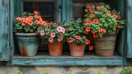 Fototapeta na wymiar Flowerpots hanging on window sill