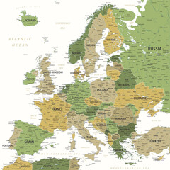 Europe - Highly Detailed Vector Map of the Europe. Ideally for the Print Posters. Green Yellow Golden Colors - obrazy, fototapety, plakaty
