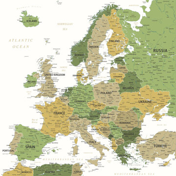 Europe - Highly Detailed Vector Map of the Europe. Ideally for the Print Posters. Green Yellow Golden Colors