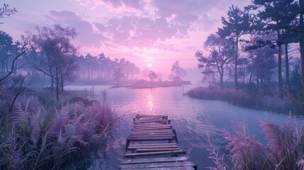 Dusk Serenity by the Lake. A serene landscape featuring a tranquil lake, tall pine trees, and a small wooden dock, under a pink and purple sky. - obrazy, fototapety, plakaty