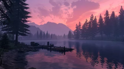 Photo sur Plexiglas Lavende Dusk Serenity by the Lake. A serene landscape featuring a tranquil lake, tall pine trees, and a small wooden dock, under a pink and purple sky.
