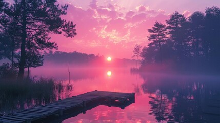 Dusk Serenity by the Lake. A serene landscape featuring a tranquil lake, tall pine trees, and a small wooden dock, under a pink and purple sky.