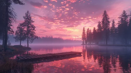 Gardinen Dusk Serenity by the Lake. A serene landscape featuring a tranquil lake, tall pine trees, and a small wooden dock, under a pink and purple sky. © banthita166