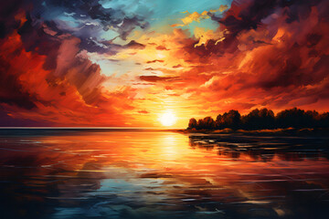 vibrant and colorful landscape painting. It features a sunset or sunrise over a large mountain with a snow-capped peak. The sky is painted in vivid shades 