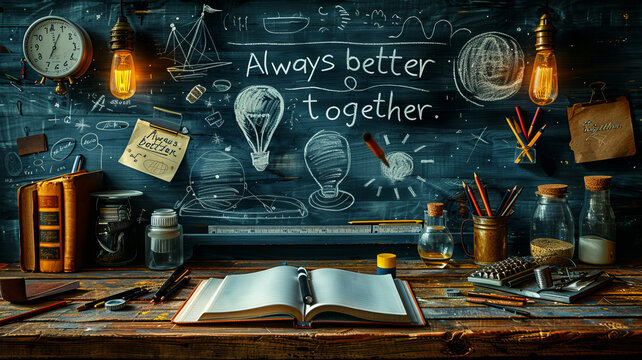 text "Always better together." draw with white chalk on blackboard with business elements,generative ai
