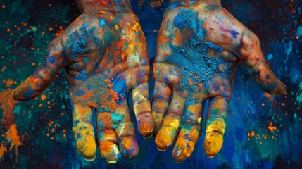 Color-splattered Hands in Vivid Hues Offering a Burst of Festivity and Artistic Expression