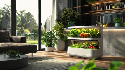 Modern indoor hydroponic garden in urban apartment shines as an oasis of sustainable living - obrazy, fototapety, plakaty
