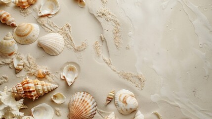 Commercial photography, A flat lay shot of sand with shells and sea_ space for copy space on the left 