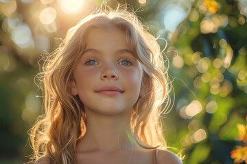Serene image of a young girl outdoors with sunlight filtering through the leaves, creating a dreamy effect