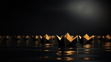 Black origami boats with a standout golden boat on a wet surface.