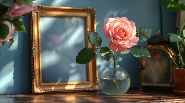 Gold decorated frame mockup with rose in exquisite glass vase.