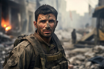 Fototapeta premium AI generated image photo of a professional rescuer against ruined city damaged buildings background