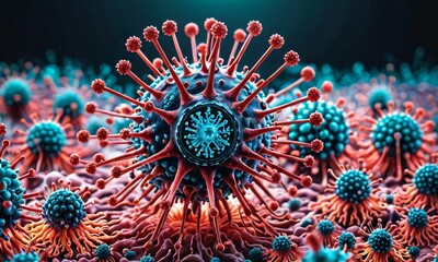 A highly detailed image depicting an intricate viral particle, with a striking color scheme of red and turquoise that enhances the complex structure. It AI generation