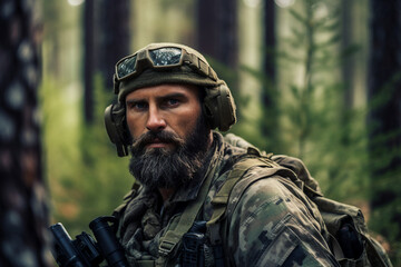 Obraz premium Generative AI illustration of an armed soldier in uniform with weapons war action in wood