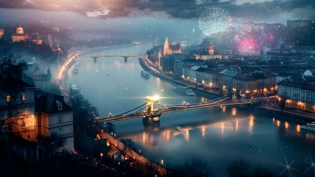 Fireworks scene in the city, animated virtual repeating seamless 4k