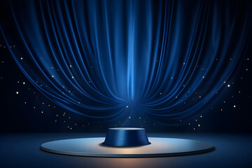 empty stage with blue curtains, ready for a performance or presentation. The central circular stage...
