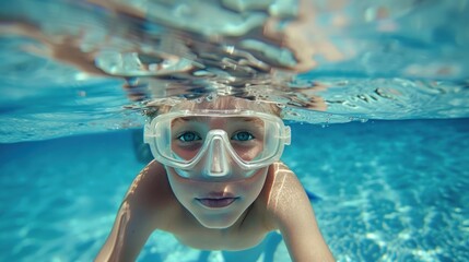 Naklejka premium Cute child snorkeling in the swimming pool, underwater perspective, blue water in the swimming pool, realistic style, high definition