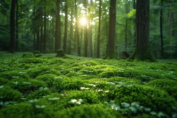 This image captures the tranquility of a forest floor covered in soft green moss, illuminated by a gentle sunbeam