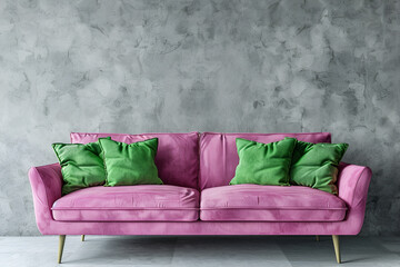 Pink modern style sofa with green pillows in the grey room