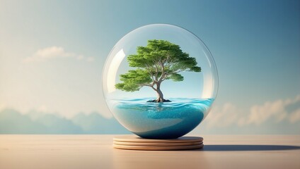 vector image of a glass sphere with water and a tree inside on a wooden stand - obrazy, fototapety, plakaty