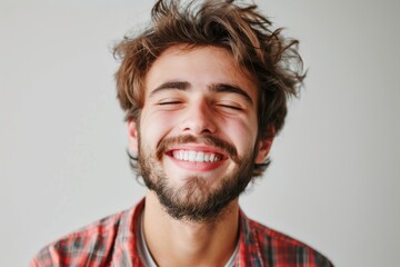 Young, smiling college individuals gather before a clean white background, sharing laughter and excitement as they celebrate. - obrazy, fototapety, plakaty