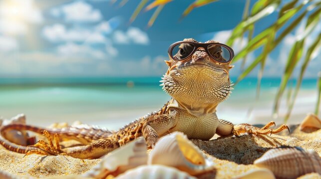 Describe a vibrant image of a lizard relaxing on the beach during vacation.