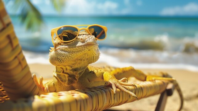 Describe a vibrant image of a lizard relaxing on the beach during vacation.
