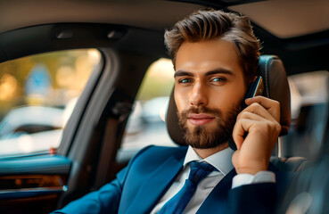 Man in a suit talking on a mobile phone in a car. Ai generated.