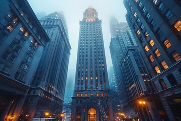This image captures the serene beauty of an iconic, snow-covered Manhattan building at dusk,...
