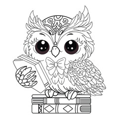 Brilliant owl holding book, the symbol of intelligence. Can be use for coloring page, background, cover page.
