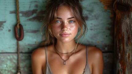 Fototapeta premium A young woman with blue eyes and a necklace., A beautiful girl posing in front of a wooden wall., A pretty lady wearing a gray tank top., An attractive young lady looking at the camera..